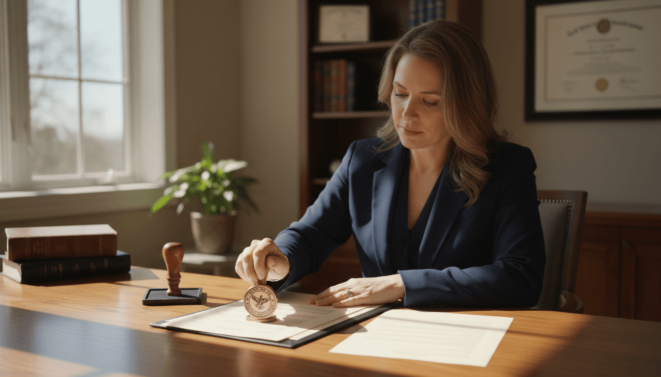 Professional notary carefully stamping and reviewing official documents at a desk