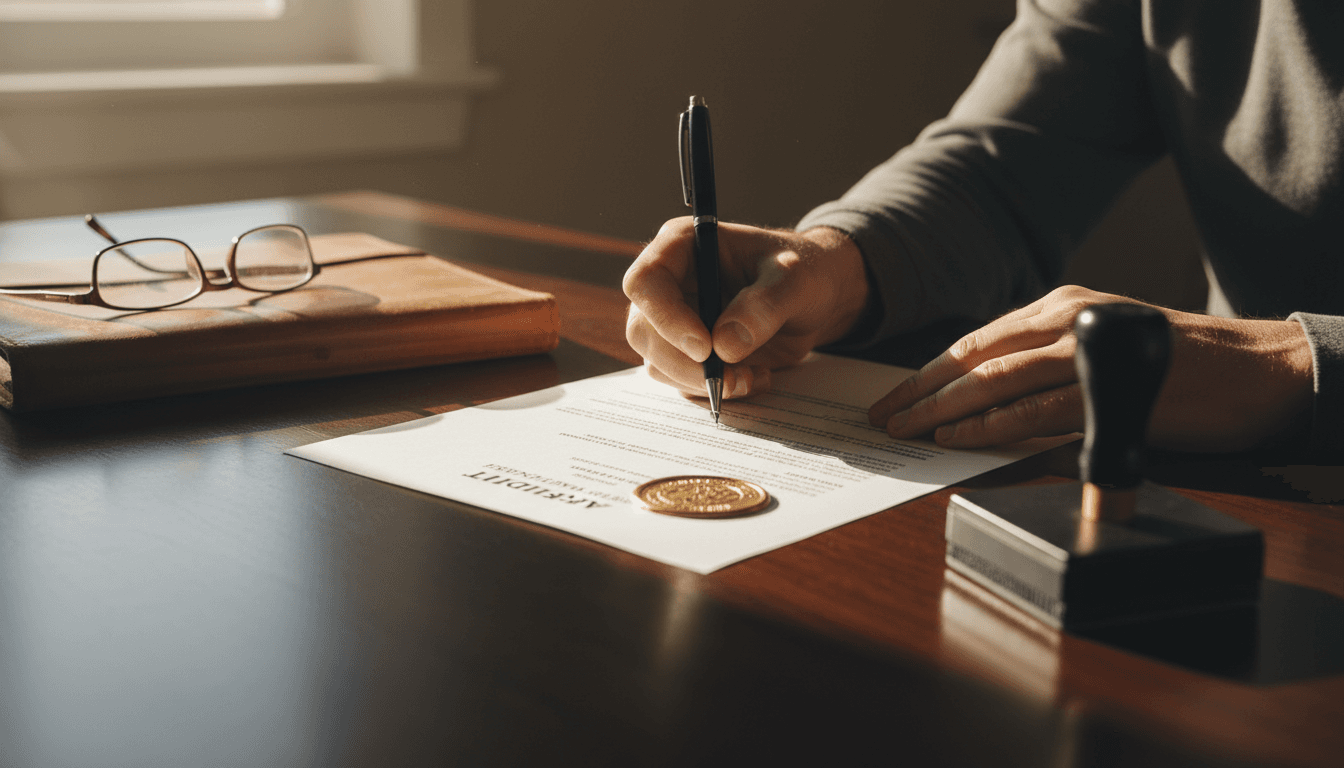 Notary signing official documents with pen and seal visible