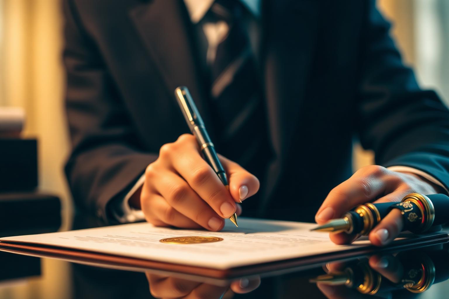 Notary signing official documents with gold seal